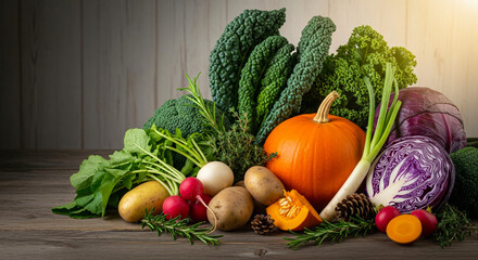 Autumn harvest Pumpkin, kale, potatoes, radish, and purple cabbage on a rustic wooden table