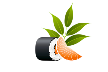 Delicious sushi roll and vibrant salmon slice with fresh green leaves, perfect for culinary promotions and Japanese cuisine themes