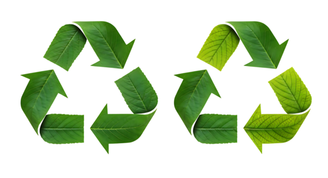 Recycling symbol made of green leaves isolated on transparent background - Powered by Adobe
