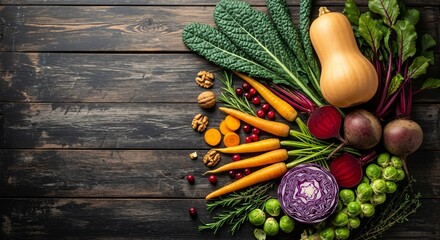 Autumnal root vegetables, kale, and squash arranged on a weathered, dark wooden surface