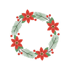 Festive christmas wreath with red poinsettias evergreen branches and berries vector