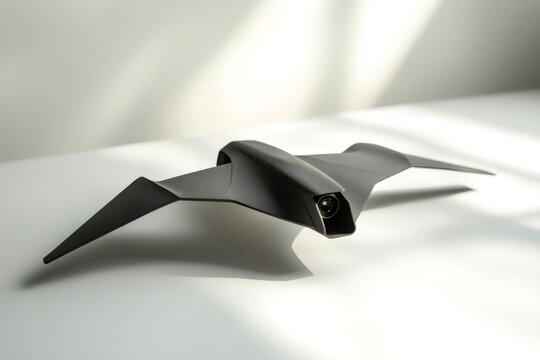 Futuristic reconnaissance drone featuring a sleek, matte black design and an embedded camera, representing advanced technology and surveillance