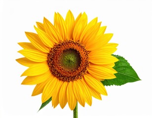 Fototapeta premium A single sunflower with bright yellow petals and a green center, isolated against a white background.