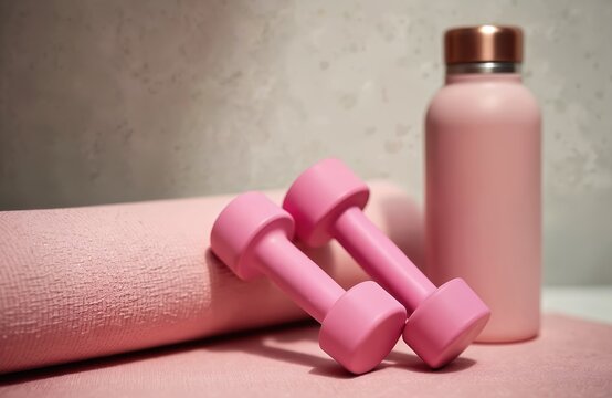 Pink fitness gear set for active, healthy lifestyle. Lightweight dumbbells, soft yoga mat, stylish water bottle. Perfect for women home workouts, building muscle strength, improving flexibility, - Powered by Adobe