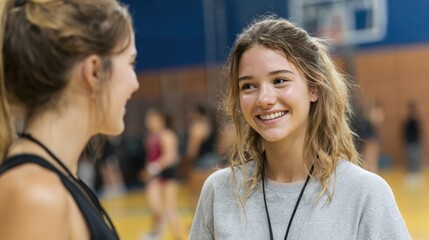 Joyful adolescent girl converses with female coach in gym