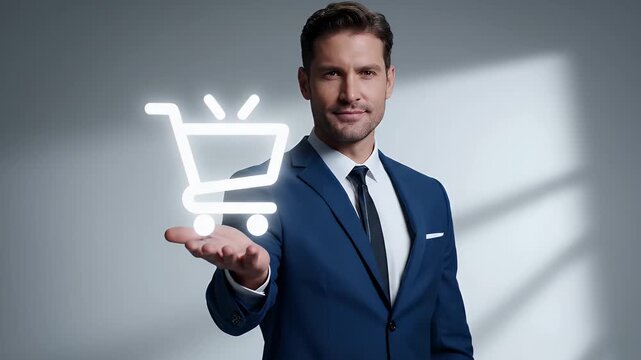 Confident Man in Blue Suit Holding Glowing Shopping Cart Icon in Palm Against Soft White Gray Gradient Background with Window Lighting Effect