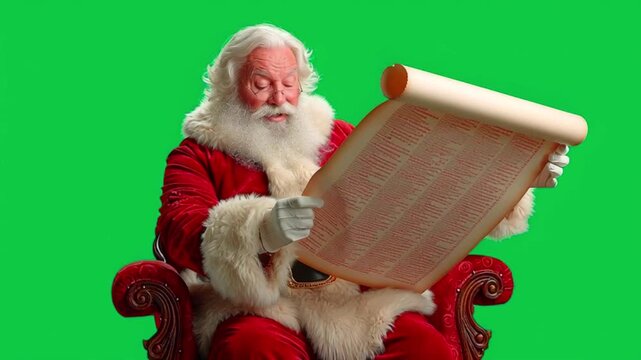 Santa claus sitting in a red chair, holding a large scroll with a list of names, looking serious against a green screen background