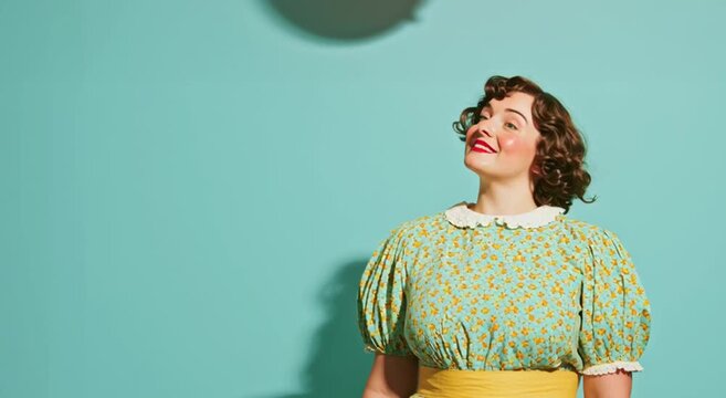 Retro plus-size woman in vintage dress with red balloon letting go and smiling &ndash; symbolic cinematic video about freedom, joy and emotional release, perfect for advertising and creative campaigns