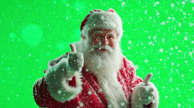 Happy santa claus giving two thumbs up with snow falling around him, smiling warmly against a vibrant green screen backdrop