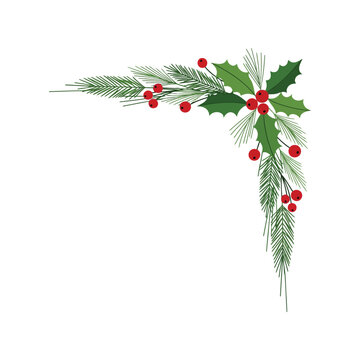 Festive christmas corner decoration with pine sprigs holly berries and snow accents vector