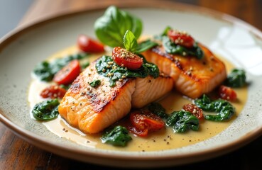 Tuscan salmon fillet with spinach and sun-dried tomatoes on plate. Grilled salmon in light garlic cream sauce. Food menu photo with fresh basil leaf on top. Delicious dish with seafood and vegetables.