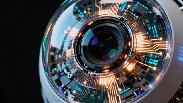 The Bionic Eye: An extreme close-up macro view of a futuristic cybernetic eye, showcasing intricate mechanics and glowing data circuits.
