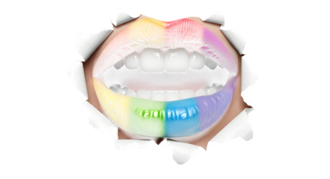 Bold rainbow lips breaking through paper, a vibrant symbol of pride, diversity, and freedom of expression, perfect for celebrations!