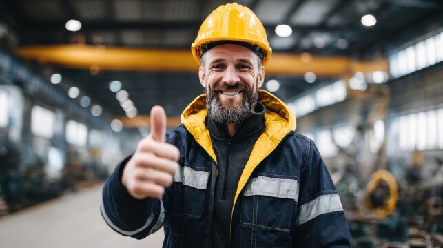 Joyful engineer posing with thumbs up in a contemporary metal workshop