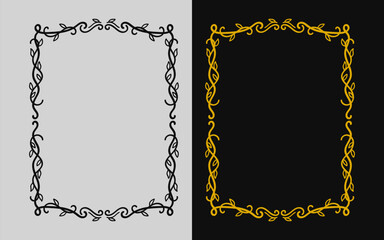 Gold  and black line art vertical rectangular frame with curled floral vines set.