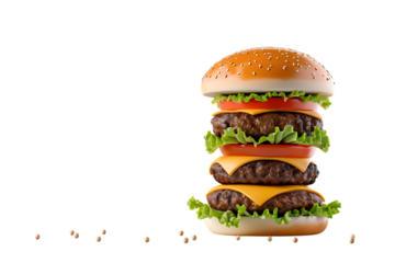 Indulge in this towering triple-patty gourmet burger, stacked high with fresh lettuce, juicy tomatoes, and melted cheese, a true feast for the senses.