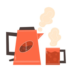 Boiling electric kettle next to cup of hot beverage for cozy tea break