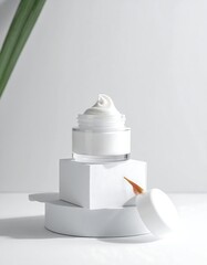 Cosmetic cream in open jar with lid, on white block with green leaf