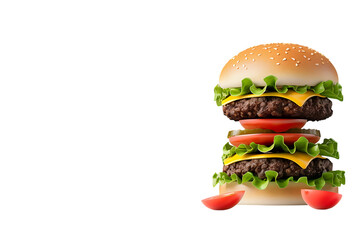Indulge in a mouthwatering double cheeseburger with fresh lettuce, ripe tomatoes, and melted cheese, a perfect visual for any food lover seeking deliciousness.