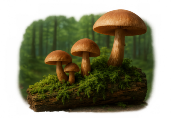 Fungi thriving on a mossy log, representing the perpetual cycle of decay and regrowth within a woodland environment