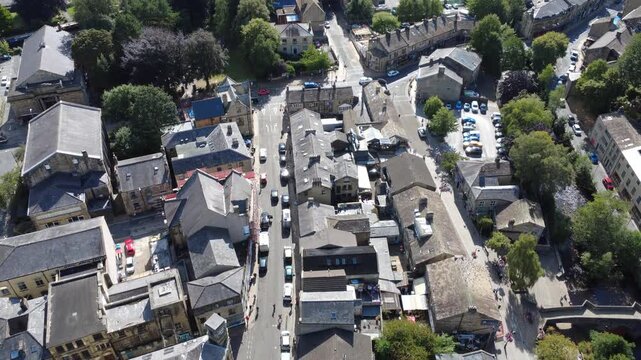 Aerial downward view of the town of Hebden Bridge looking down at the streets and buildings of the town centre