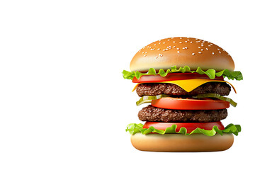 Juicy double cheeseburger stacked high with fresh lettuce, ripe tomatoes, and pickles, perfect for fast food advertising and culinary themes.