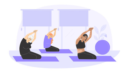 Women of different ages practicing Sukhasana Side Bend yoga pose in fitness studio