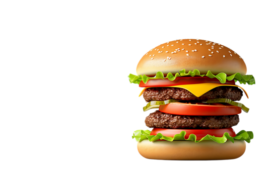 Juicy double cheeseburger stacked high with fresh lettuce, ripe tomatoes, and pickles, perfect for fast food advertising and culinary themes.