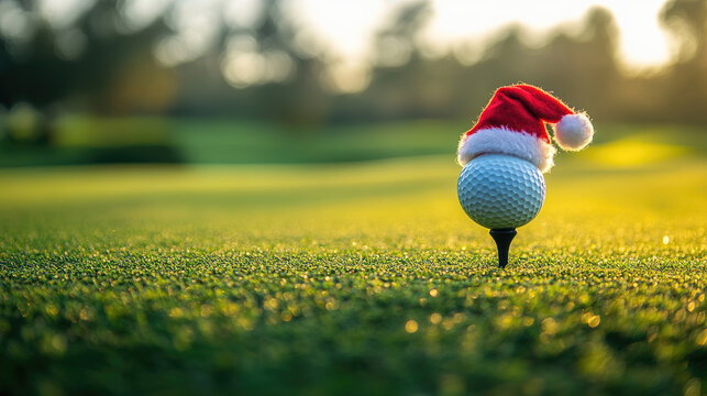 White golf ball wearing a Santa Claus hat resting on a red tee on a green golf course on a sunny Christmas day, celebrating the festive season with a touch of sportsmanship.. Copy space. Banner
