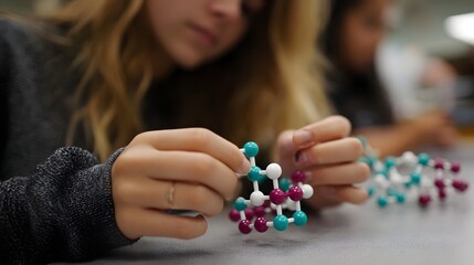 Student s hands assembling colorful molecular models in a science class