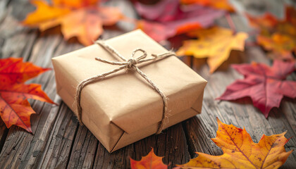 Small package wrapped in kraft paper and tied with twine, colorful autumn leaves on wooden table