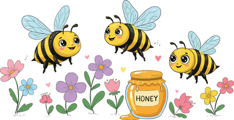 Cartoon bees flying over colorful flowers, honey jar dripping, cheerful spring garden scene, cute insects, blooming nature, playful hearts, vector illustration