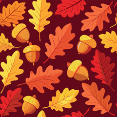 Autumn pattern with colorful leaves and acorns on a warm background