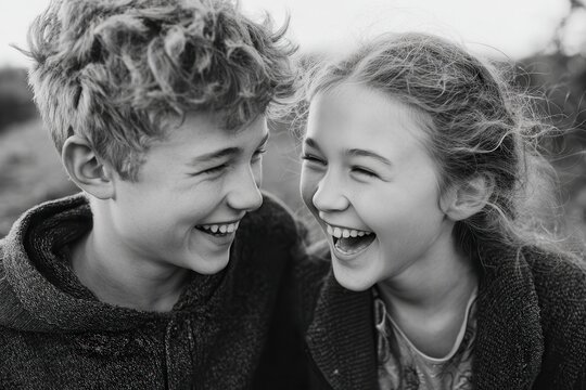 Joyful siblings giggling outside
