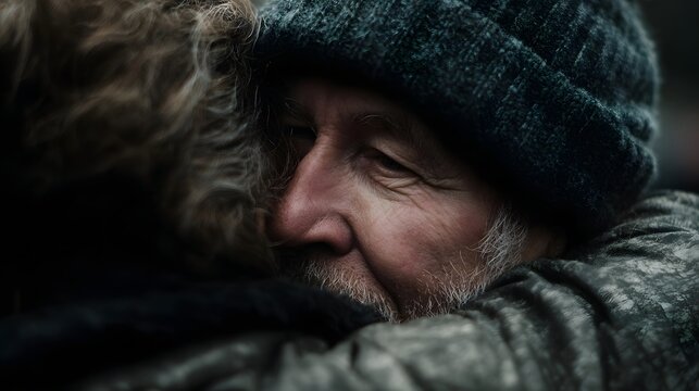 Close up of an emotional senior man embracing another person conveying deep connection and comfort - Powered by Adobe