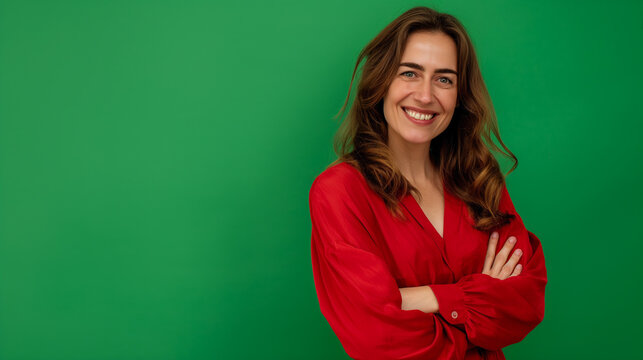Mulher sorridente com bra&ccedil;os cruzados em blusa vermelha e fundo verde