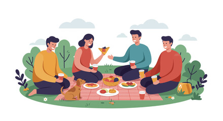 Friends enjoying picnic outdoors with dog in flat style illustration