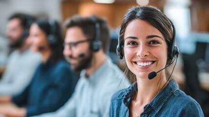 Joyful woman in a call center with her team at the office