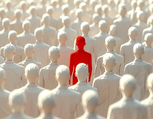 Crowd of people, one figure stands out in a vibrant red color