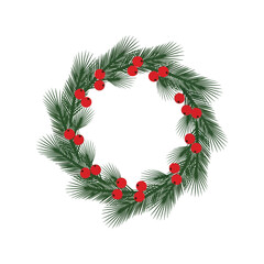 Festive christmas wreath with red berries pine needles holiday decoration vector