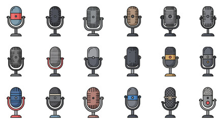 Retro microphone icons collection: vintage radio style set