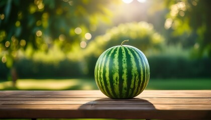 a perfectly round watermelon resting on a wooden picnic table with a blurred sunny garden in the background and natural lighting enhancing its green patterns