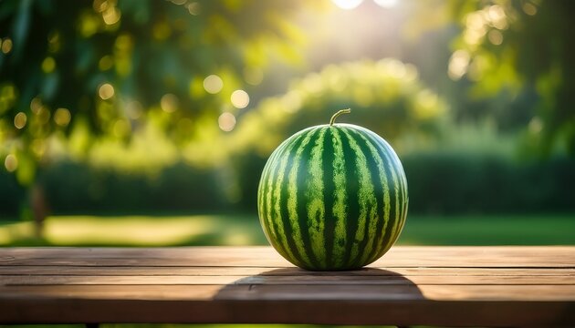 a perfectly round watermelon resting on a wooden picnic table with a blurred sunny garden in the background and natural lighting enhancing its green patterns