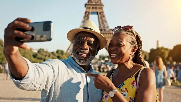 Older black couple shares a joyful moment taking a selfie at a famous landmark while traveling in the sun