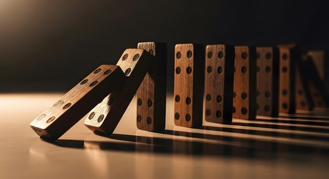 Close up of wooden dominoes falling in a row on a reflective surface in dim lighting conditions