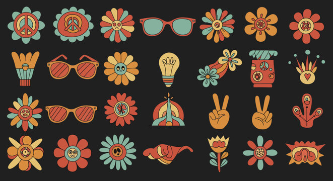 Retro floral and peace symbols with sunglasses and groovy accessories on black background