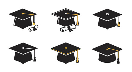 Graduation caps and diplomas set with minimalist design in black and gold
