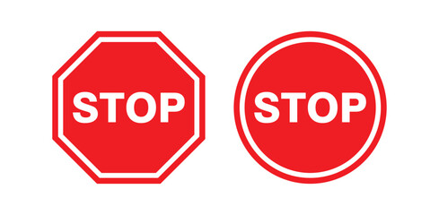 Red Stop Sign Vector Set — Octagon and Circle Stop Symbols Isolated on White Background — Traffic Warning and Road Safety Icons