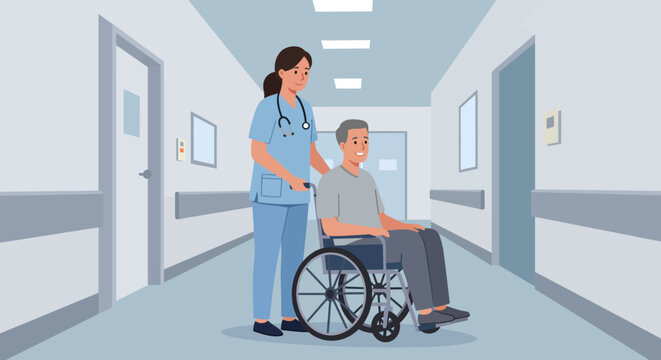 Nurse assisting elderly patient in wheelchair through hospital corridor in flat design