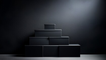 dark minimalist still life stacked black boxes against a moody background
